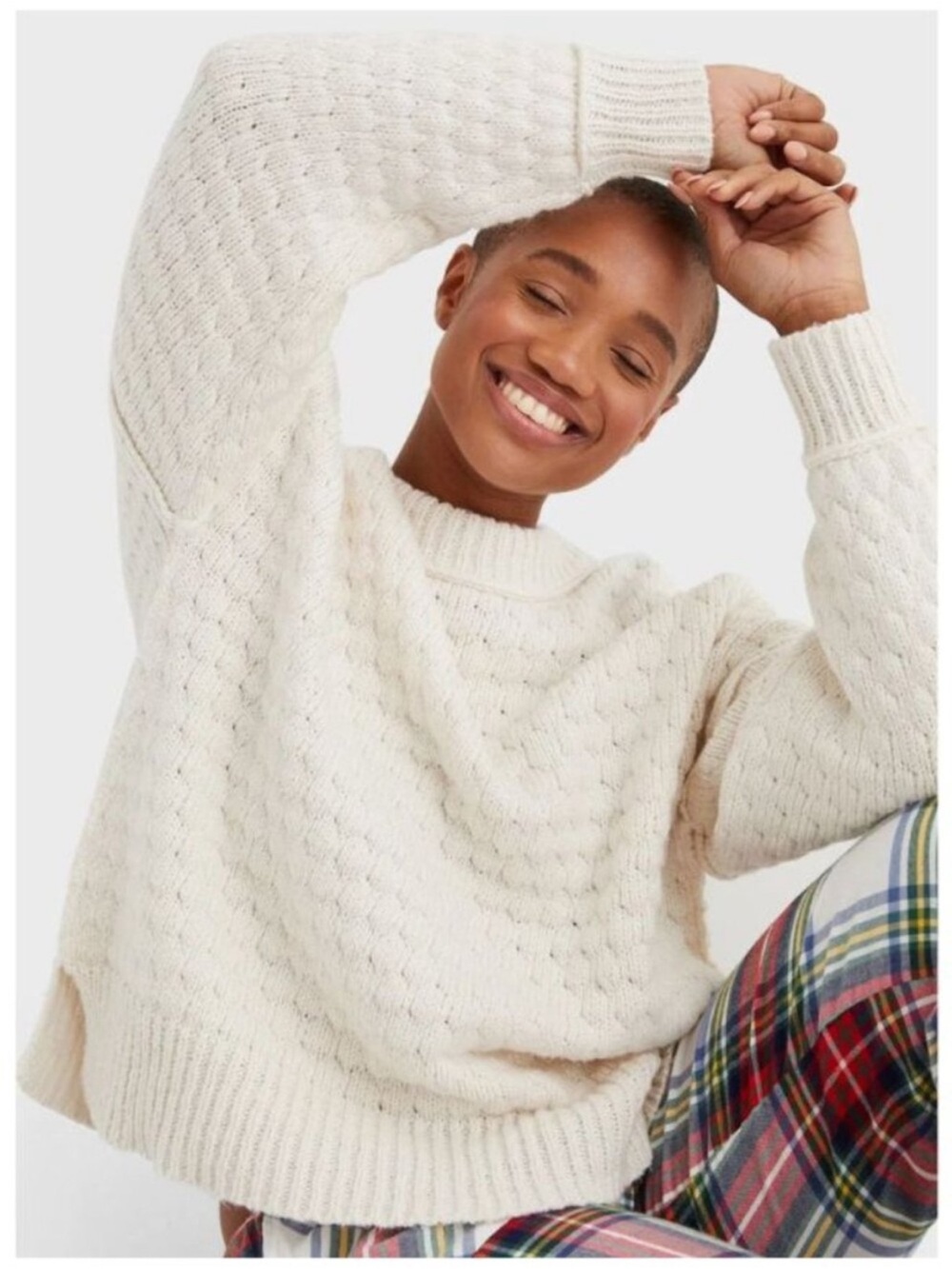 Aerie Bubbleknit Cream Cotton Blend Crewneck Sweater XL